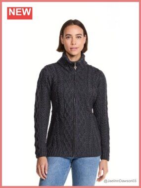 Merino Wool Zip Cardigan Aran Knit Cowl Neck Winter Sweater